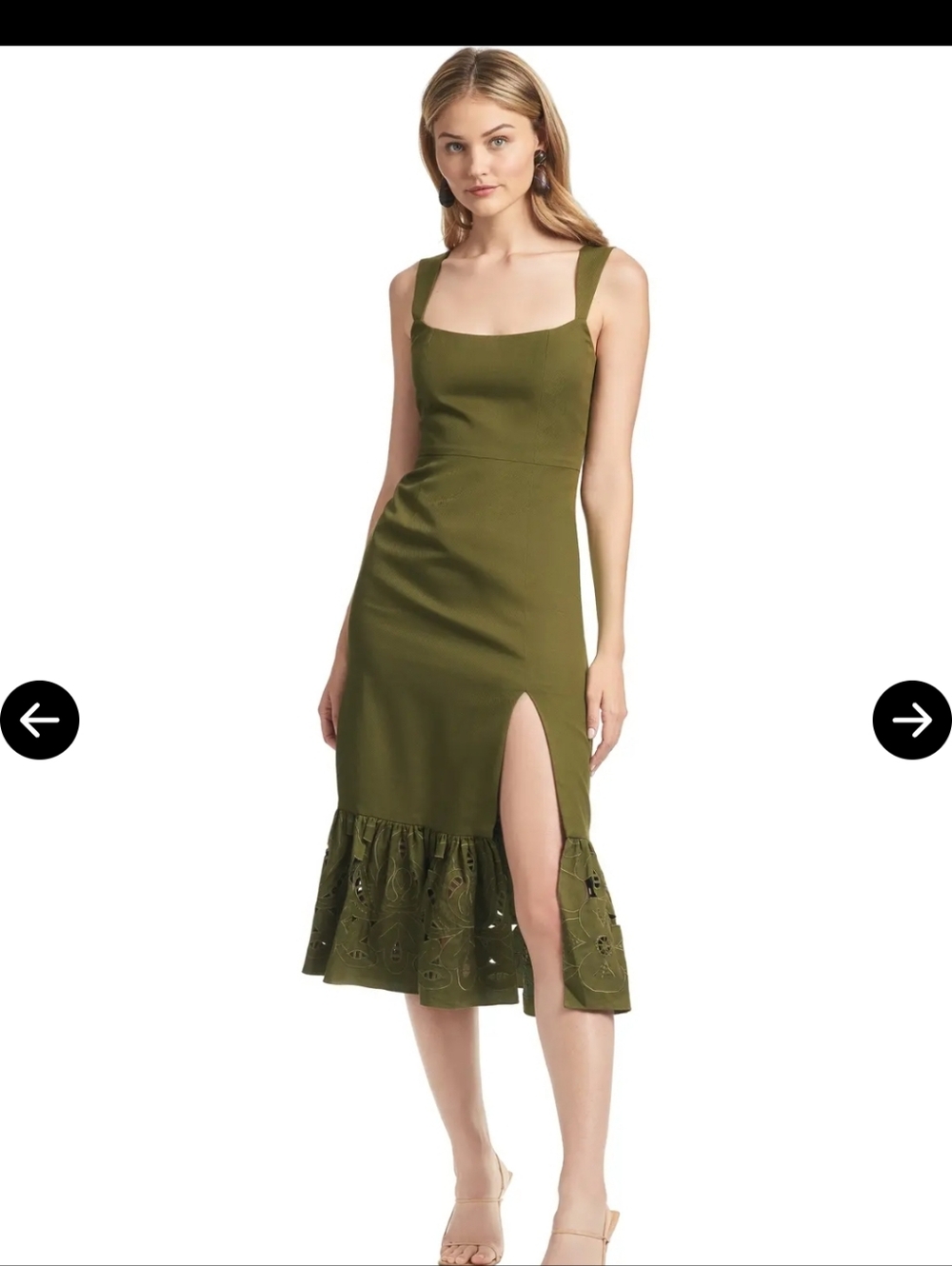 Sachin And Babi Olive Green Square-Neck Midi Dress with Ruffle Hem Size 8 NWT